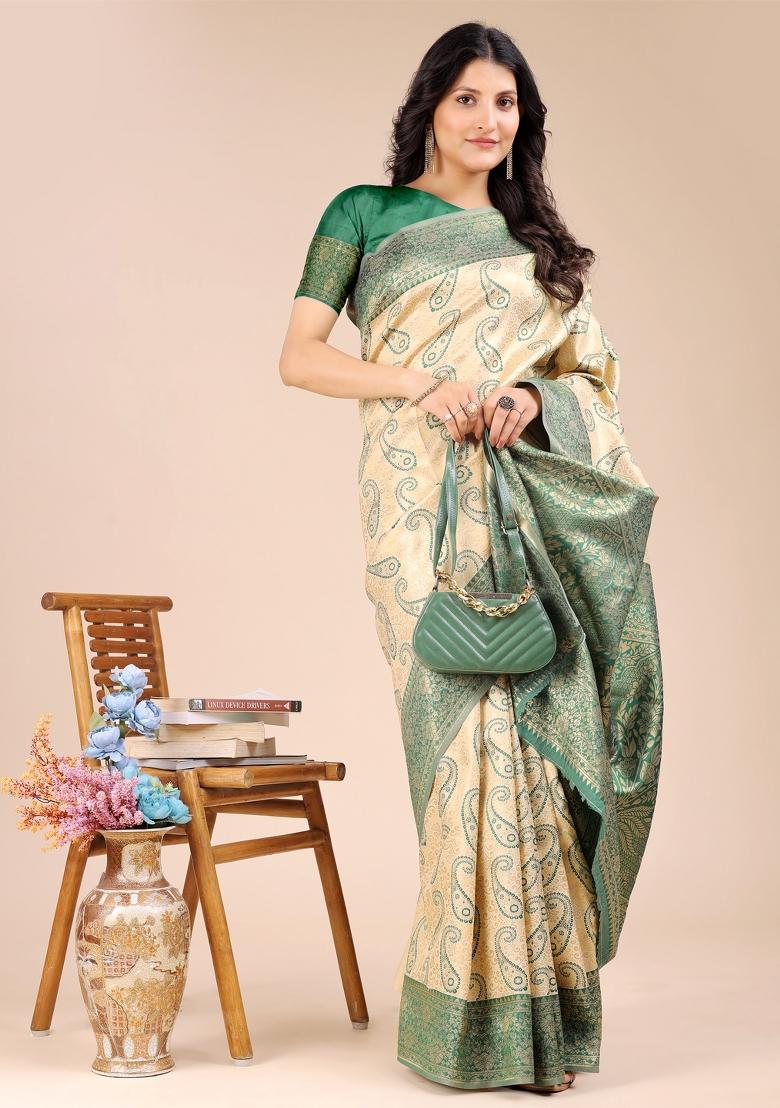 Cream And Green Zari Work Banarasi Silk Saree Set