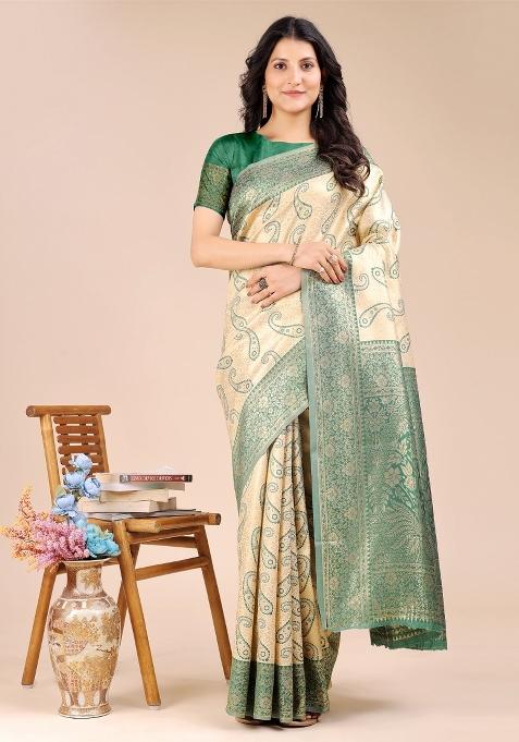 Cream And Green Zari Work Banarasi Silk Saree Set