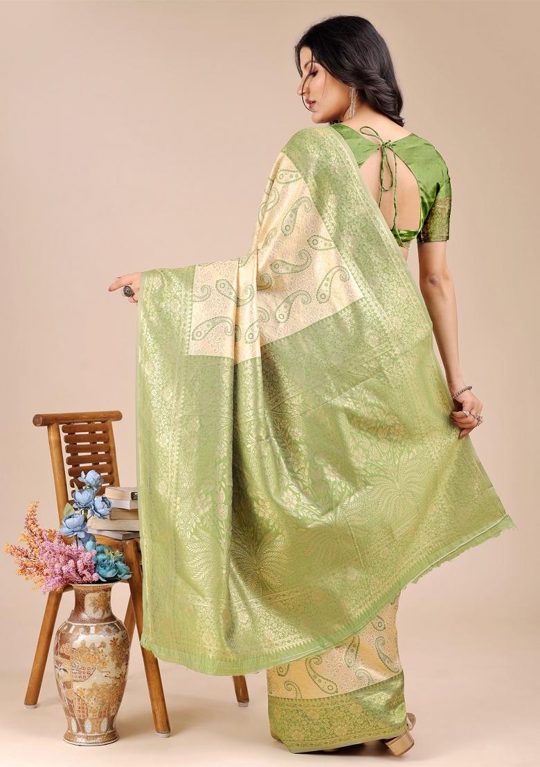 Cream And Light Green Zari Work Banarasi Silk Saree Set