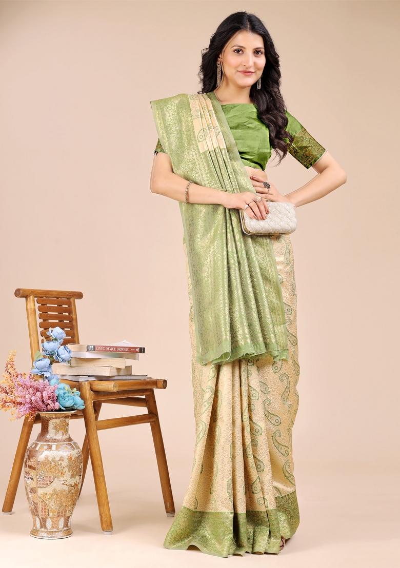 Cream And Light Green Zari Work Banarasi Silk Saree Set