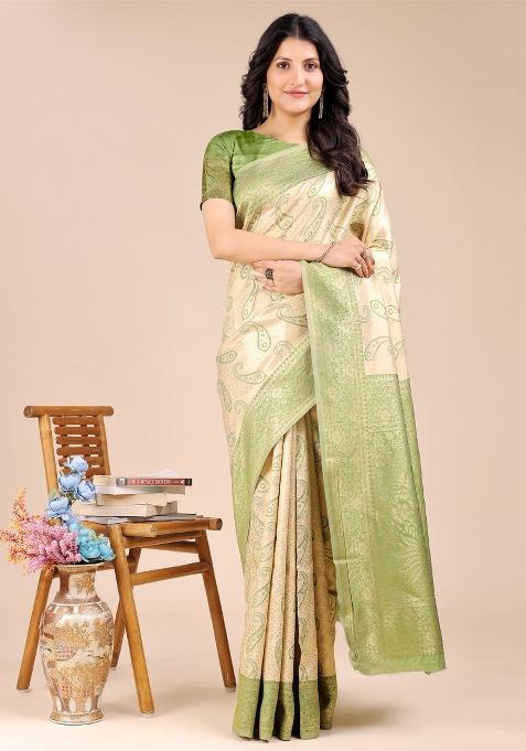 Cream And Light Green Zari Work Banarasi Silk Saree Set