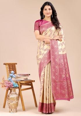 Cream And Magenta Zari Work Banarasi Silk Saree Set