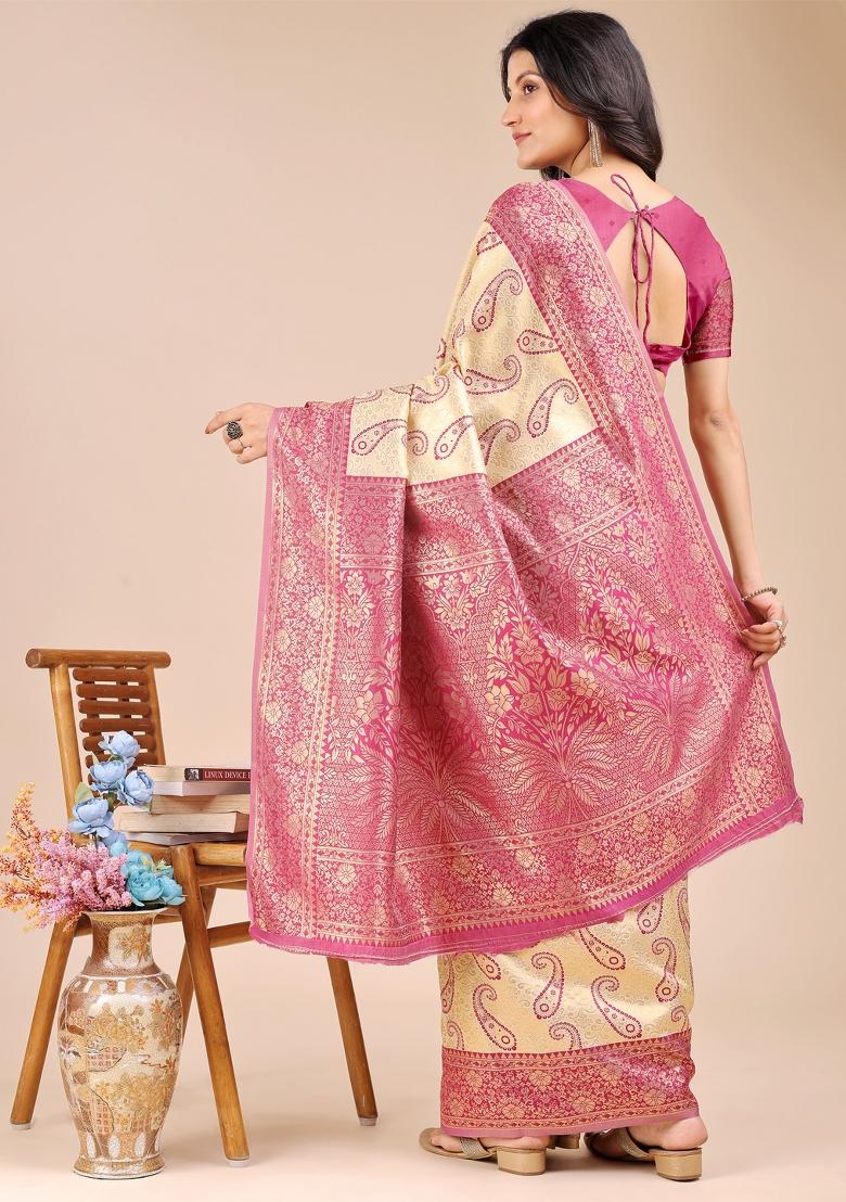 Cream And Magenta Zari Work Banarasi Silk Saree Set