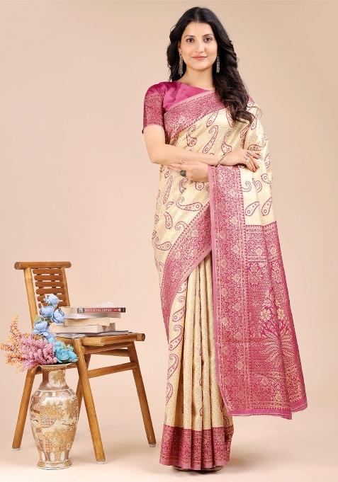 Cream And Magenta Zari Work Banarasi Silk Saree Set