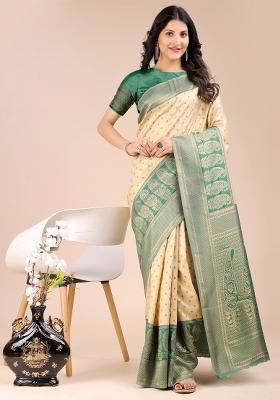 Cream And Green Zari Work Banarasi Silk Saree Set