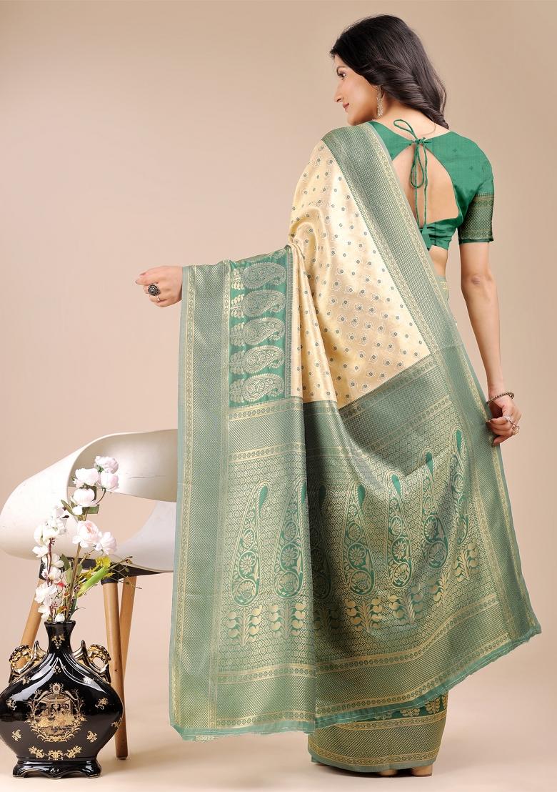 Cream And Green Zari Work Banarasi Silk Saree Set
