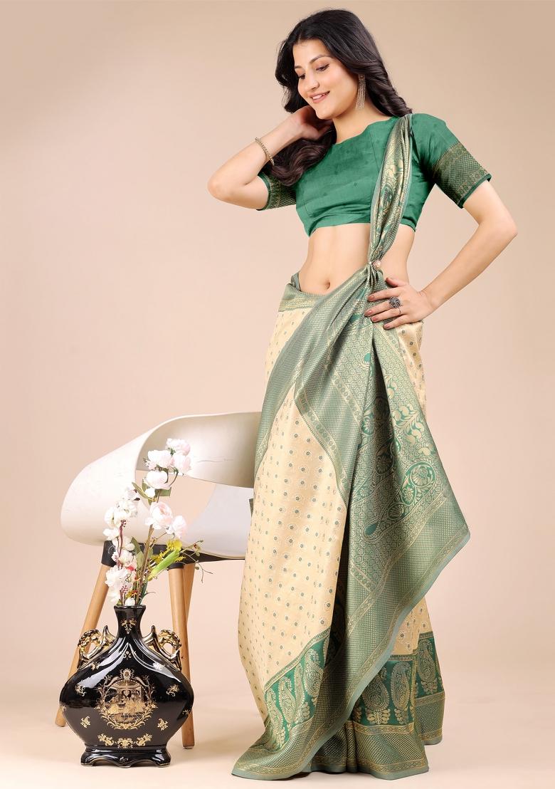 Cream And Green Zari Work Banarasi Silk Saree Set