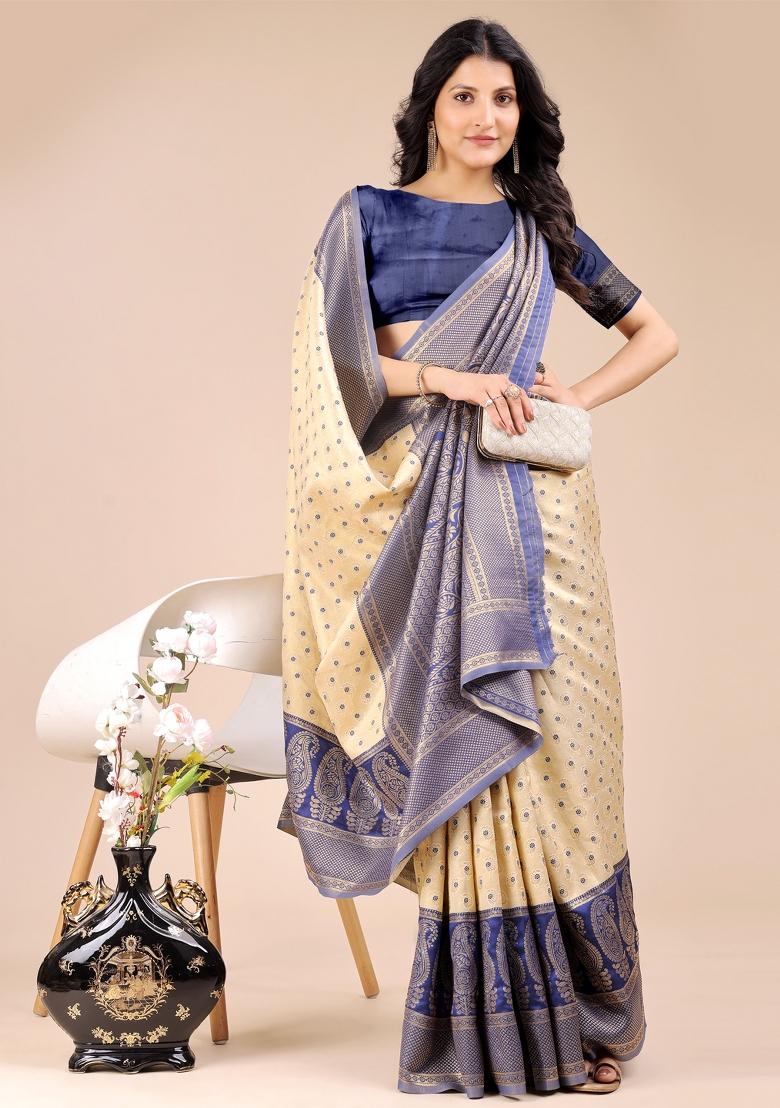 Cream And Navy Blue Zari Work Banarasi Silk Saree Set