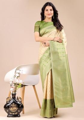 Cream And Light Green Zari Work Banarasi Silk Saree Set