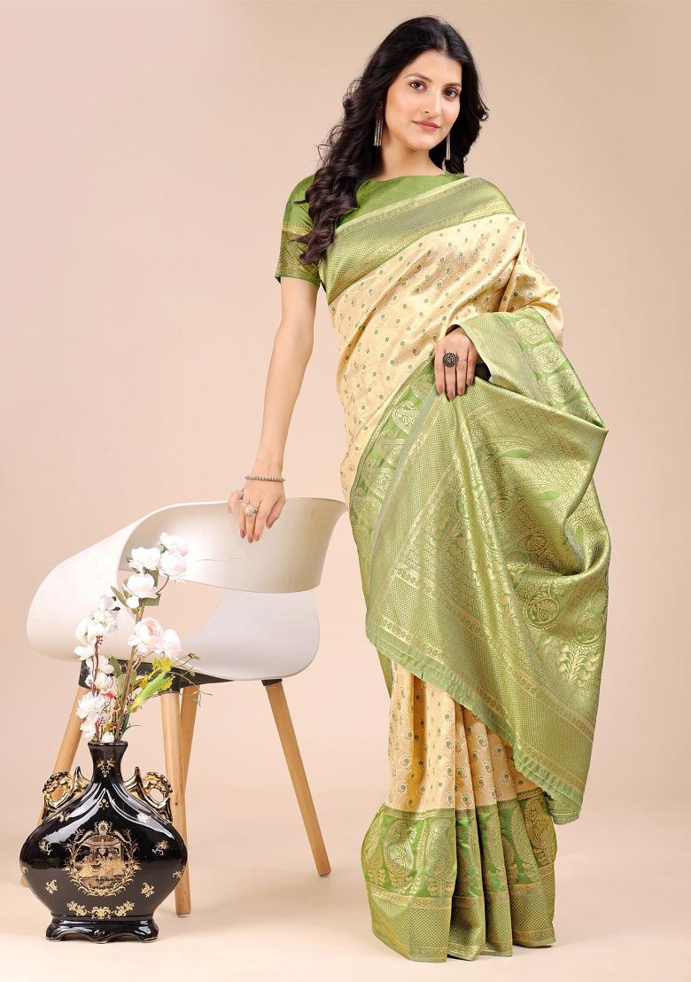 Cream And Light Green Zari Work Banarasi Silk Saree Set