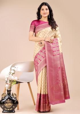 Cream And Magenta Zari Work Banarasi Silk Saree Set