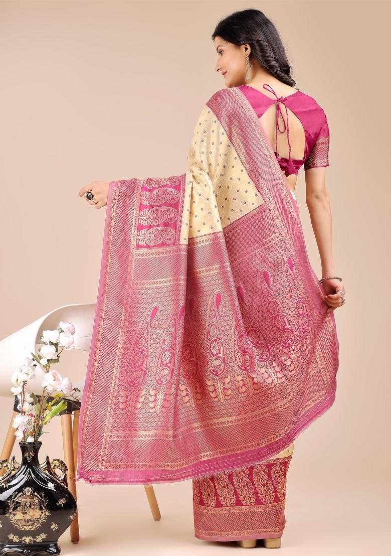Cream And Magenta Zari Work Banarasi Silk Saree Set