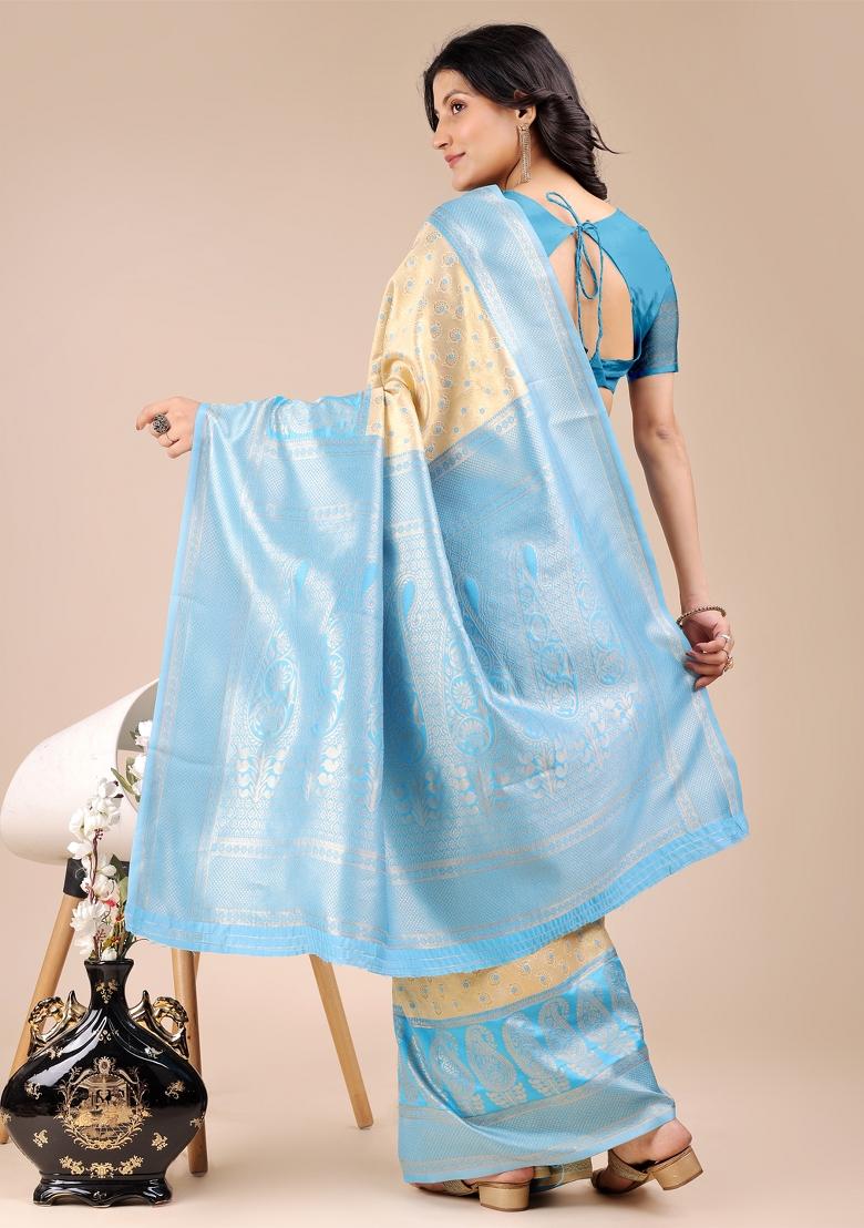 Cream And Sky Blue Zari Work Banarasi Silk Saree Set