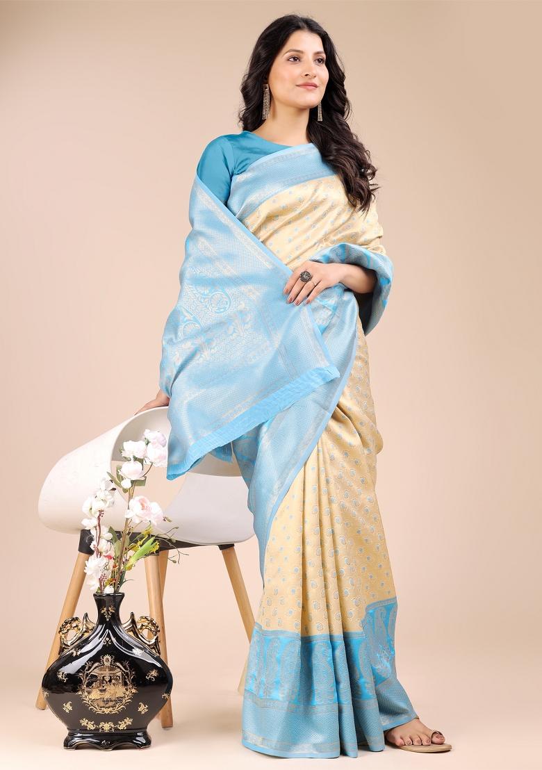 Cream And Sky Blue Zari Work Banarasi Silk Saree Set