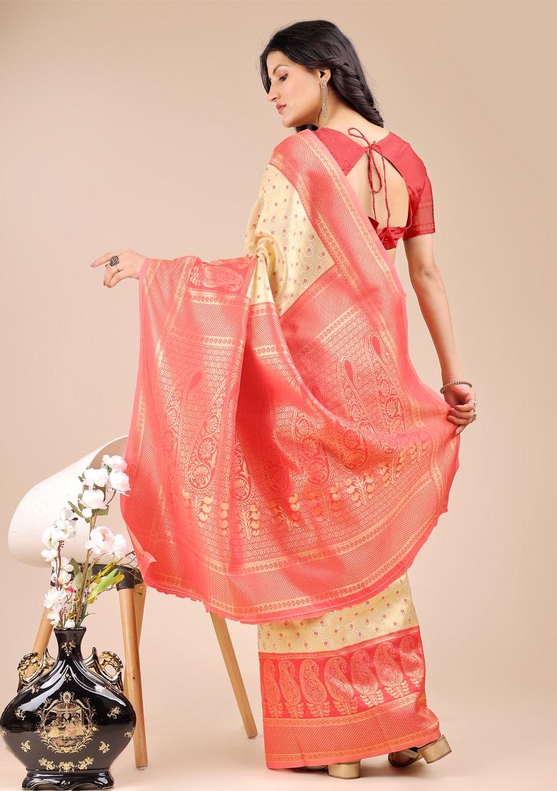 Cream And Red Zari Work Banarasi Silk Saree Set