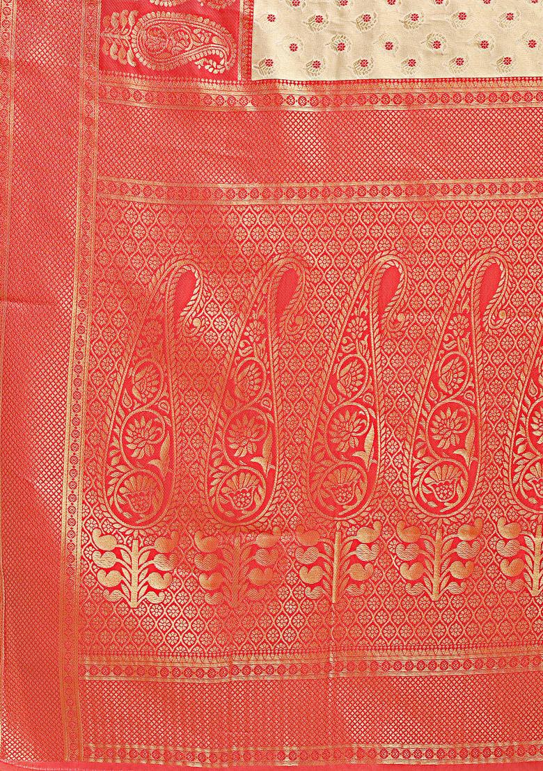 Cream And Red Zari Work Banarasi Silk Saree Set