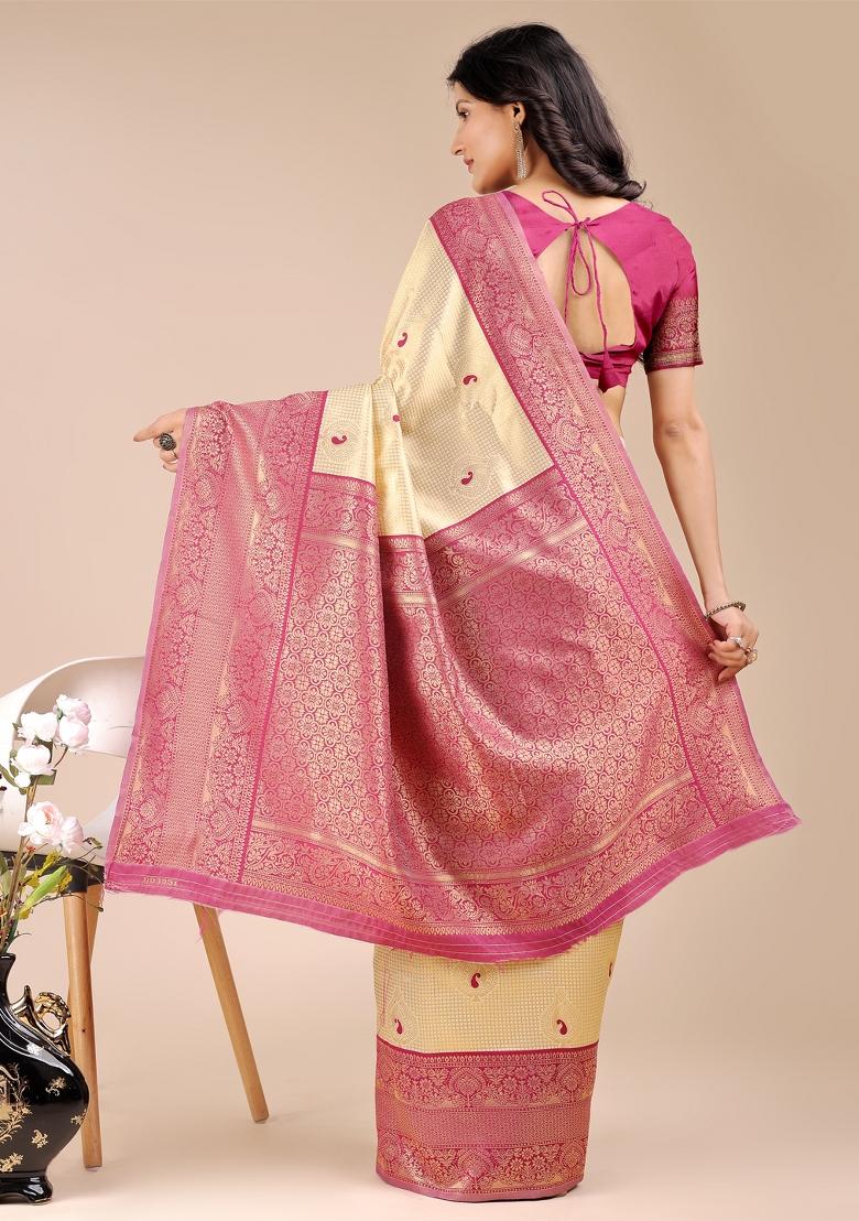 Cream And Magenta Zari Work Banarasi Silk Saree Set
