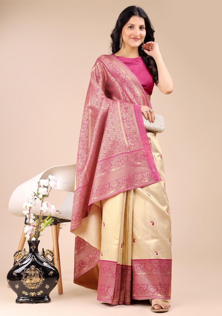 Cream And Magenta Zari Work Banarasi Silk Saree Set