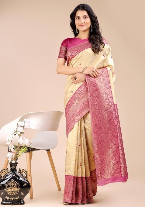Cream And Magenta Zari Work Banarasi Silk Saree Set