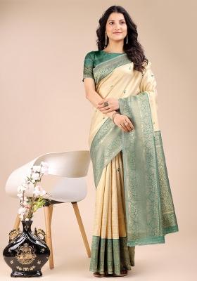 Cream And Green Zari Work Banarasi Silk Saree Set