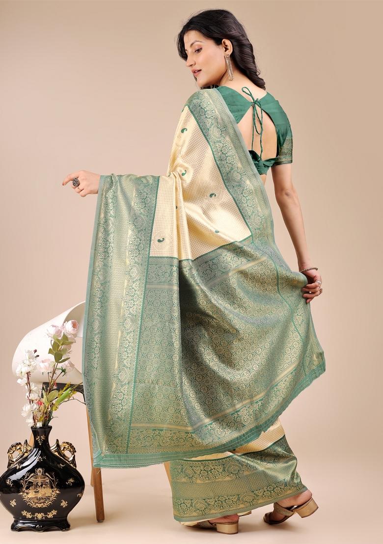 Cream And Green Zari Work Banarasi Silk Saree Set