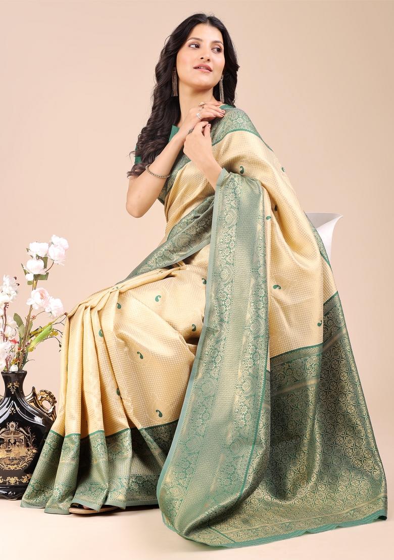 Cream And Green Zari Work Banarasi Silk Saree Set