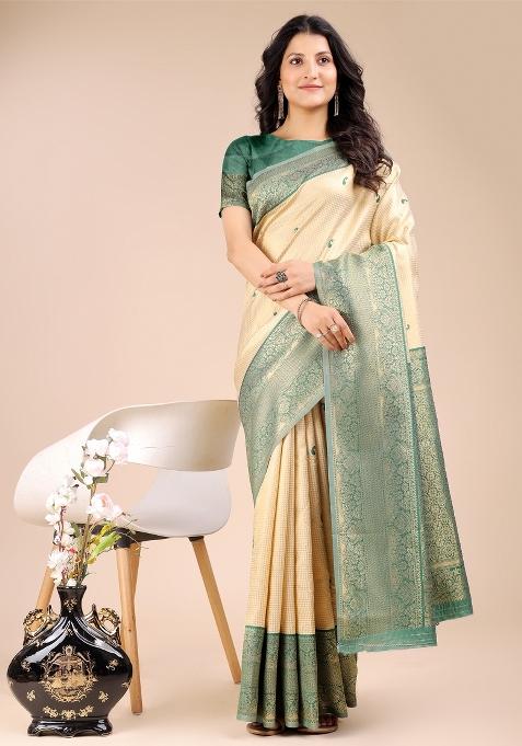 Cream And Green Zari Work Banarasi Silk Saree Set