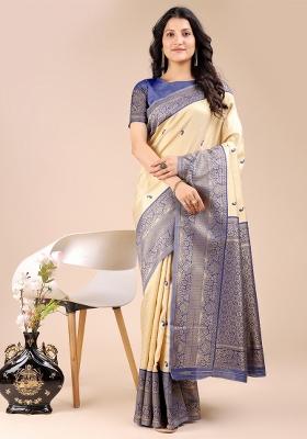 Cream And Navy Blue Zari Work Banarasi Silk Saree Set