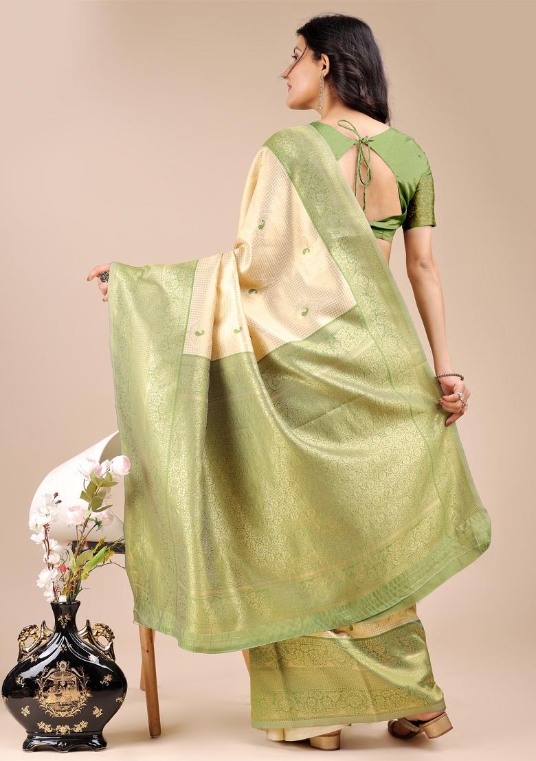 Cream And Light Green Zari Work Banarasi Silk Saree Set