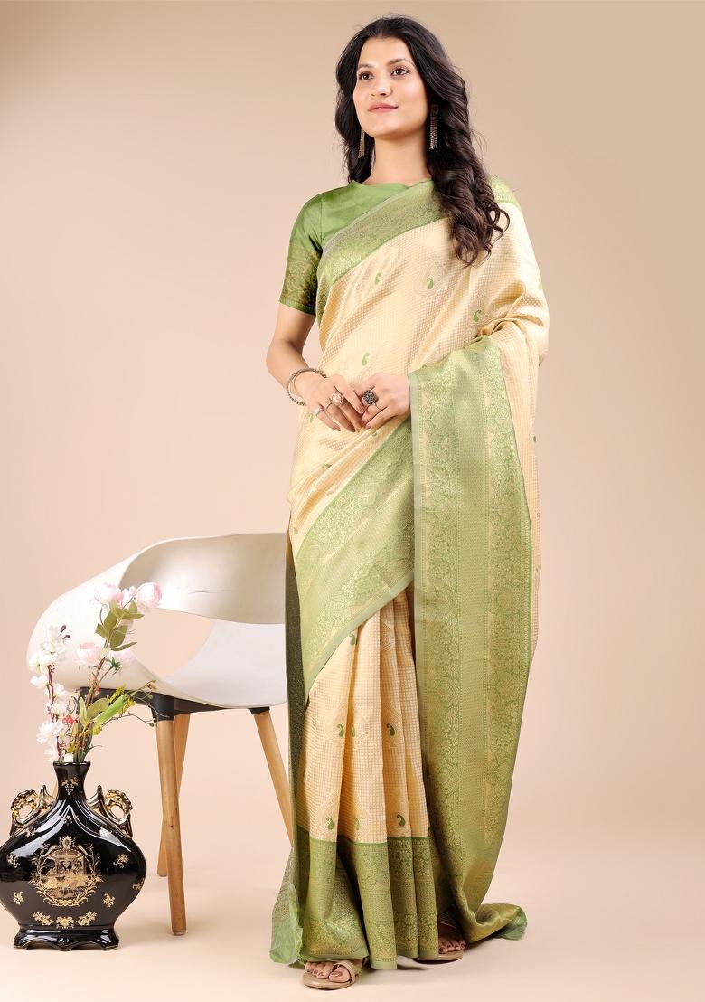 Cream And Light Green Zari Work Banarasi Silk Saree Set
