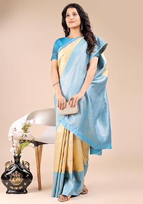 Cream And Sky Blue Zari Work Banarasi Silk Saree Set