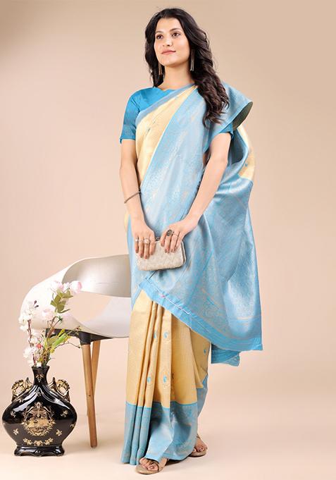 Cream And Sky Blue Zari Work Banarasi Silk Saree Set