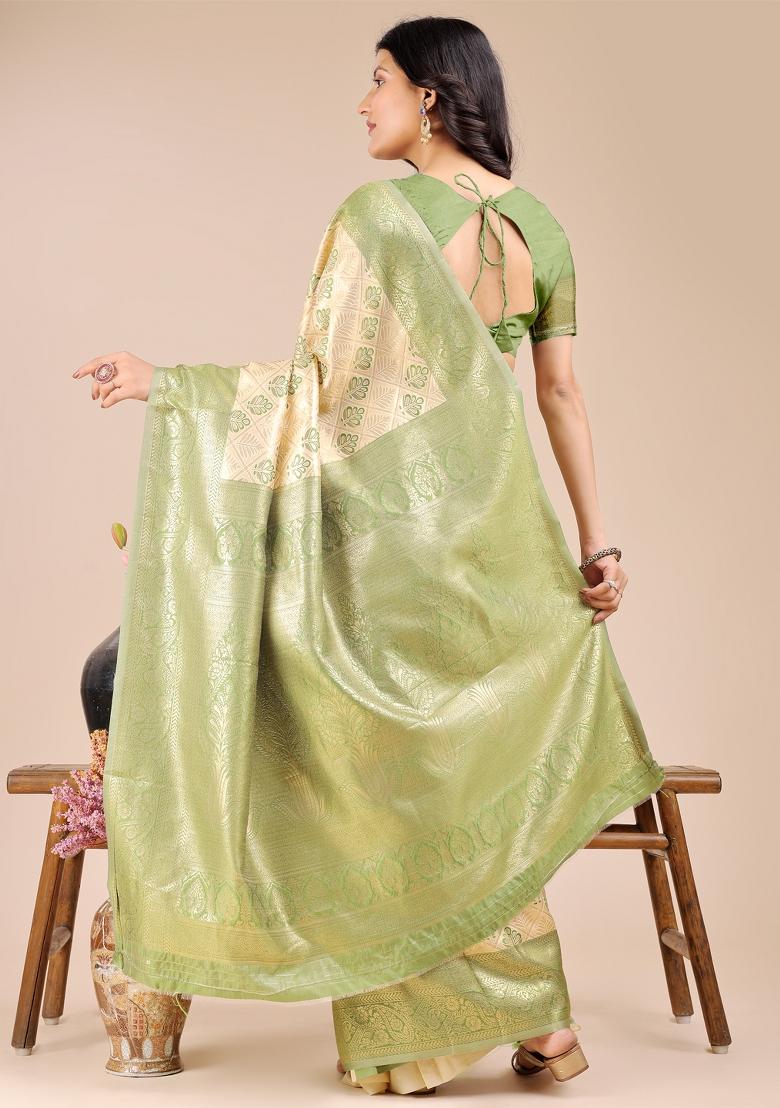 Cream And Light Green Zari Work Banarasi Silk Saree Set