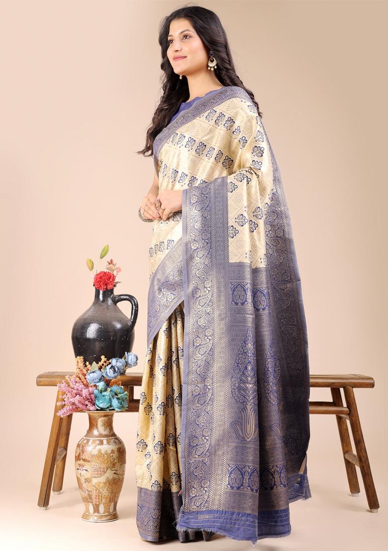 Cream And Navy Blue Zari Work Banarasi Silk Saree Set