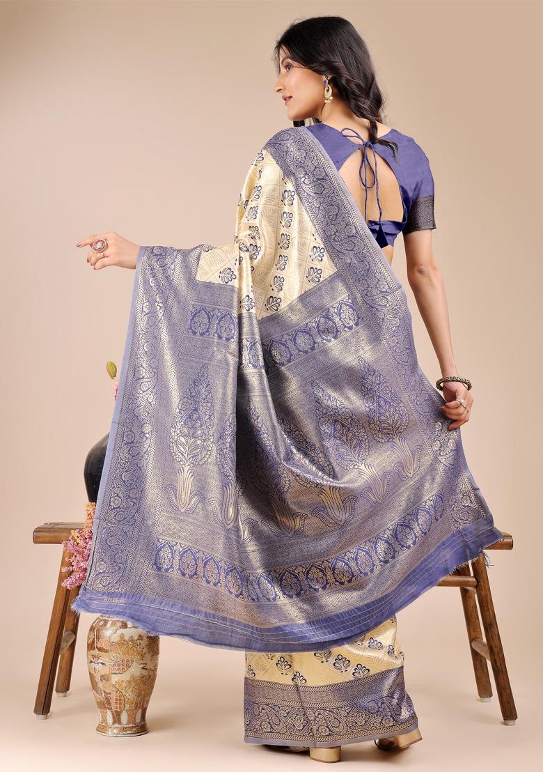 Cream And Navy Blue Zari Work Banarasi Silk Saree Set