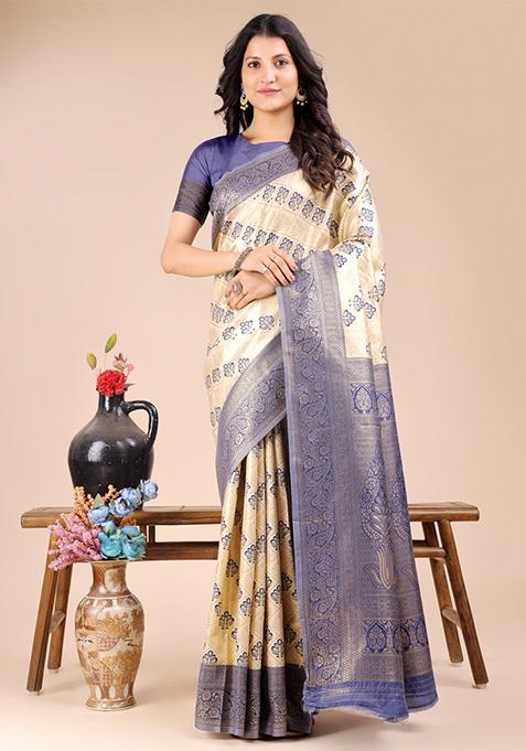 Cream And Navy Blue Zari Work Banarasi Silk Saree Set