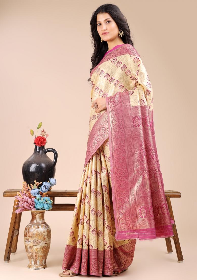 Cream And Magenta Zari Work Banarasi Silk Saree Set
