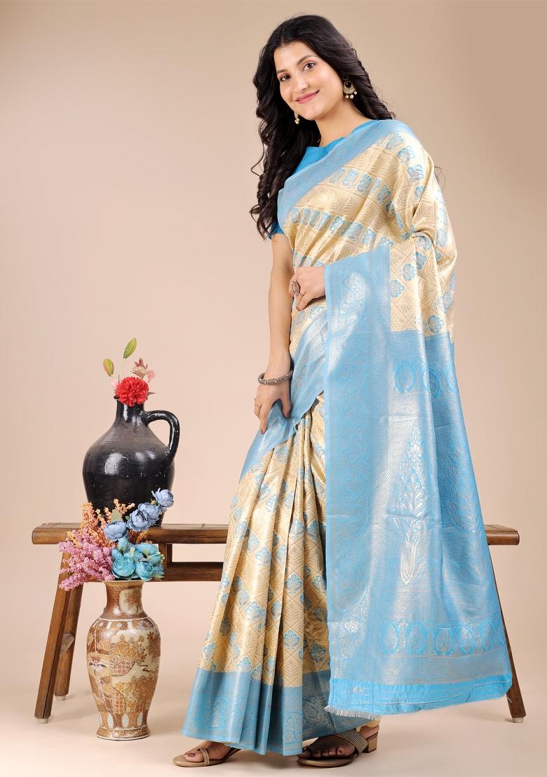 Cream And Sky Blue Zari Work Banarasi Silk Saree Set