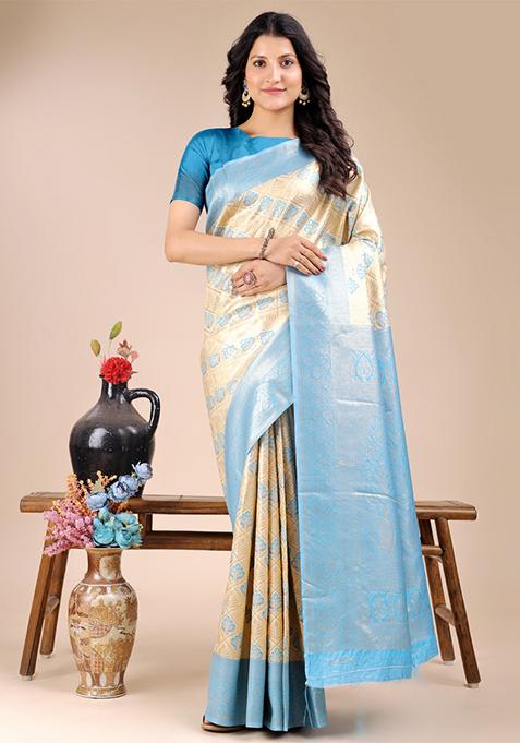 Cream And Sky Blue Zari Work Banarasi Silk Saree Set