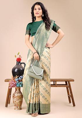 Cream And Green Zari Work Banarasi Silk Saree Set