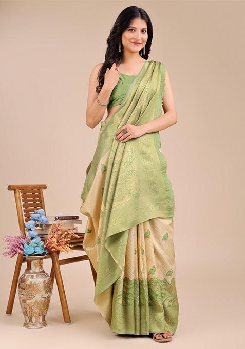 Cream And Light Green Zari Work Banarasi Silk Saree Set