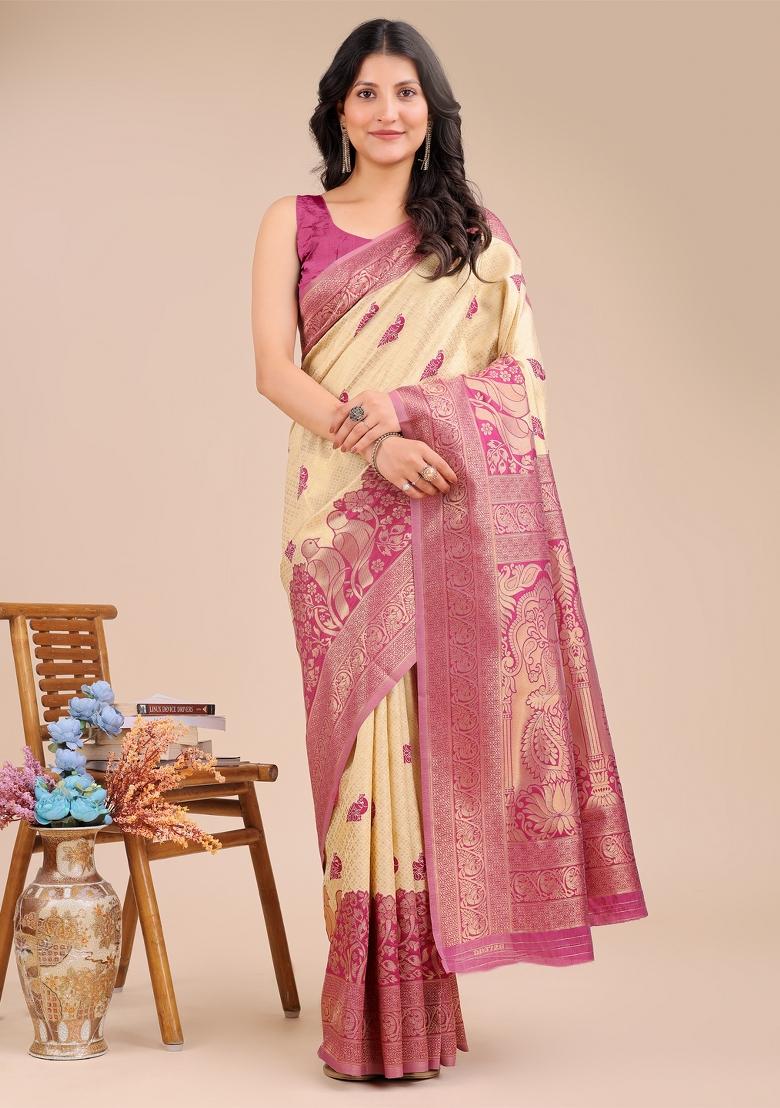 Cream And Magenta Zari Work Banarasi Silk Saree Set