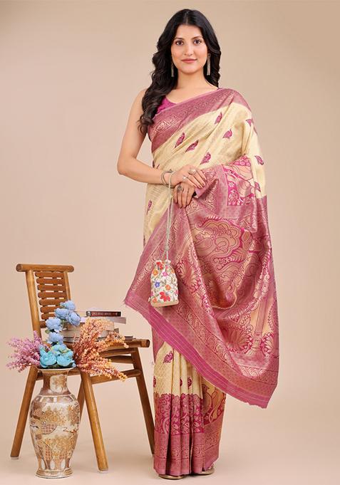 Cream And Magenta Zari Work Banarasi Silk Saree Set
