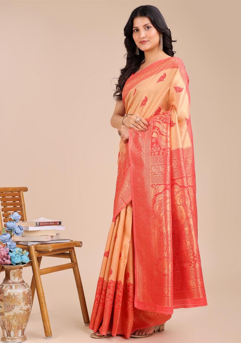 Cream And Red Zari Work Banarasi Silk Saree Set