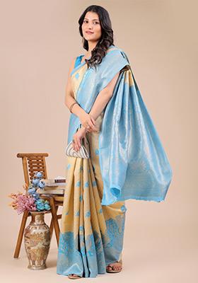 Cream And Sky Blue Zari Work Banarasi Silk Saree Set