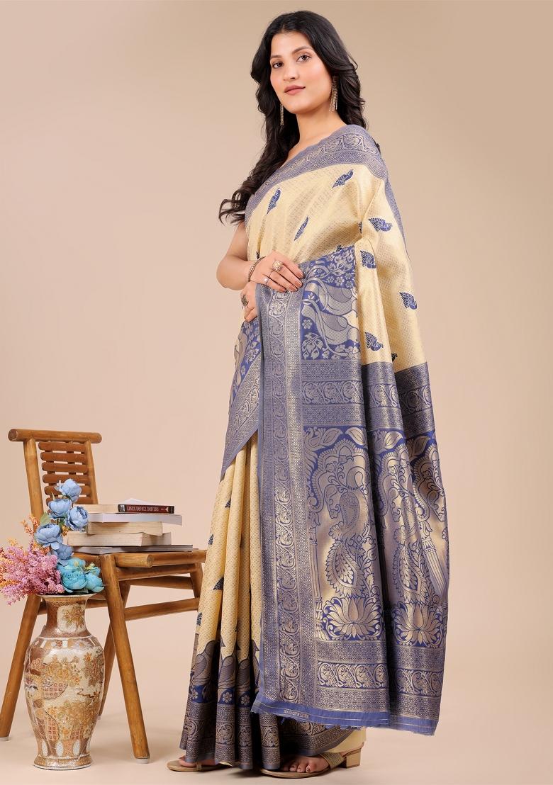 Cream And Navy Blue Zari Work Banarasi Silk Saree Set