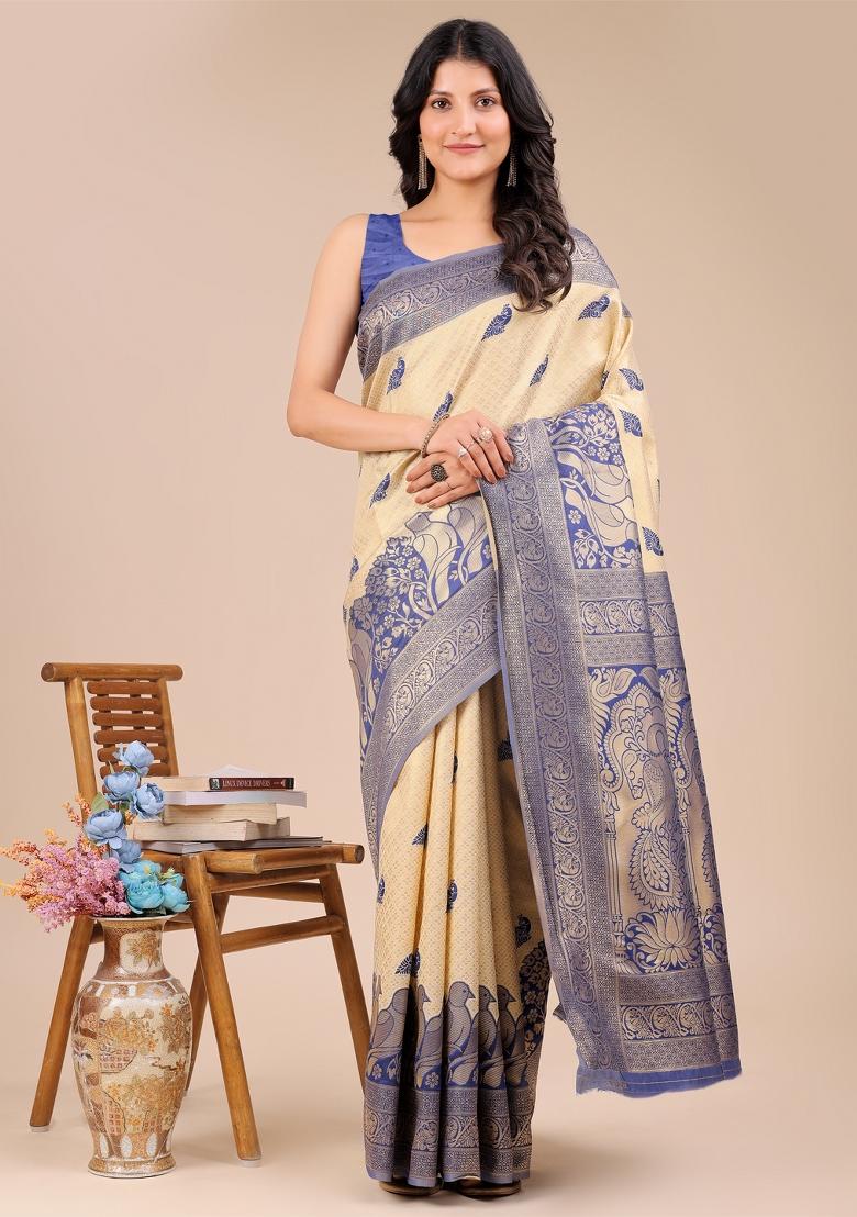Cream And Navy Blue Zari Work Banarasi Silk Saree Set