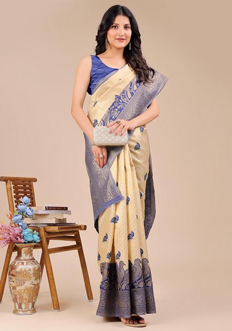 Cream And Navy Blue Zari Work Banarasi Silk Saree Set