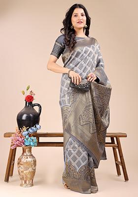 Grey Zari Work Banarasi Silk Saree Set