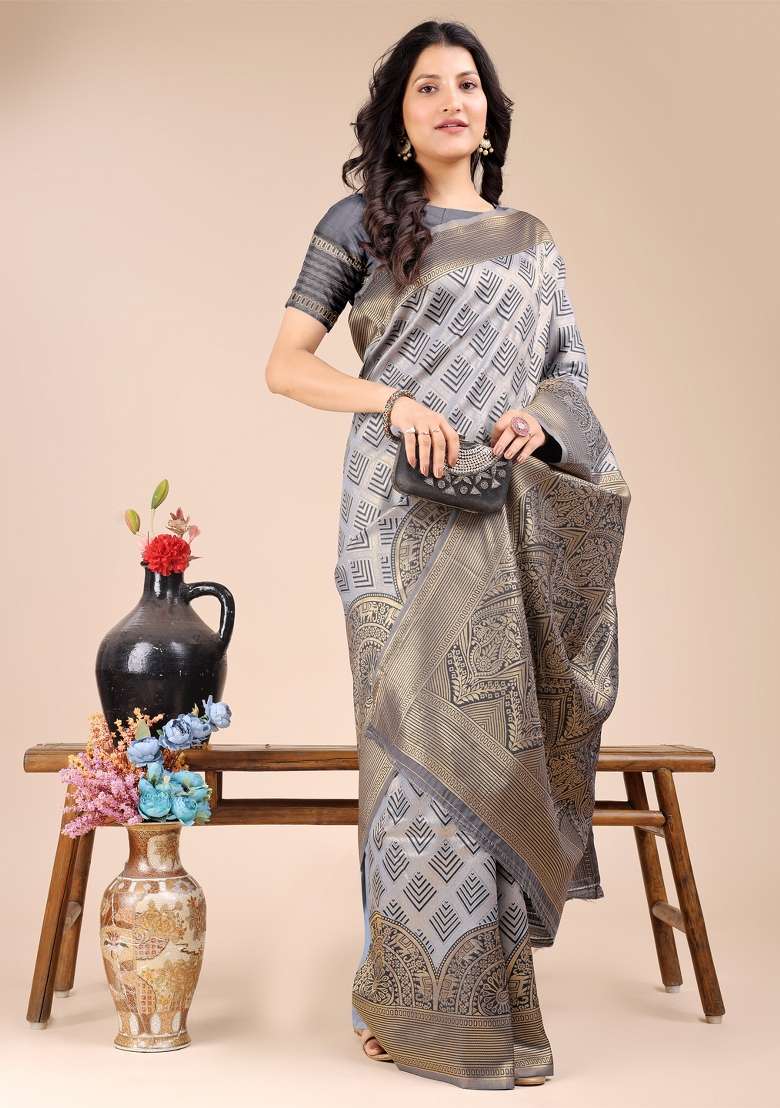 Grey Zari Work Banarasi Silk Saree Set - Indya